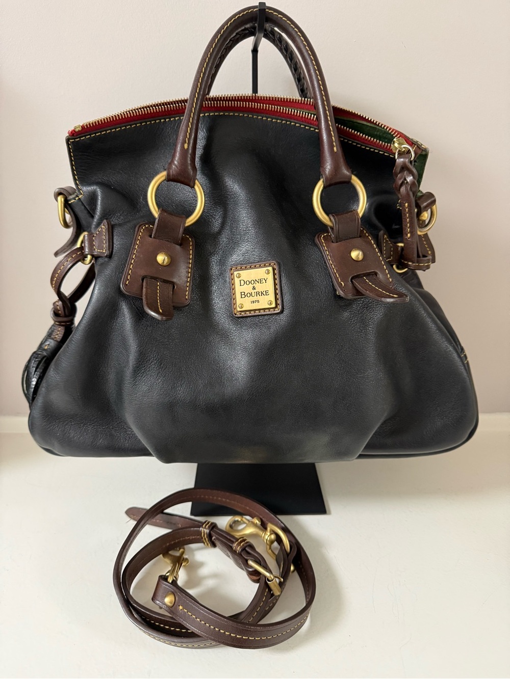 Dooney & Bourke Stanwich Black Florentine Leather Satchel with Brown Trim!